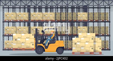 Industrial warehouse for the storage of export products with boxes and racks with stacked boxes. Worker driving forklift loading pallets. Industrial s Stock Vector