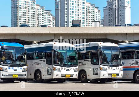 SEOUL - OCT 10: Buses with Hanil Express logotype at the main bus station in Seoul, October 10. 2016 in South Korea. Stock Photo