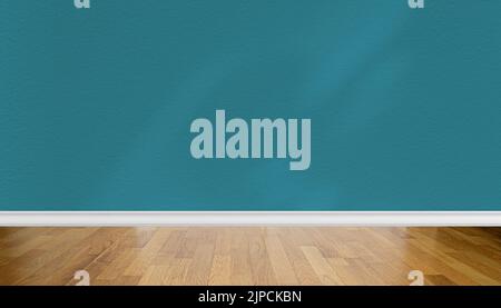 Empty living room interior, perspective of wooden parquet floor and dark blue wall with abstract sunlight shadows Stock Photo