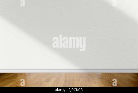 Empty room with white wall with abstract shadows on surface and wooden parquet floor as business mockup Stock Photo