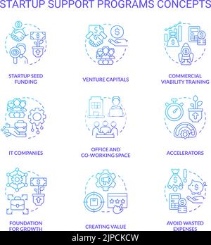 Startup support programs blue gradient concept icons set Stock Vector