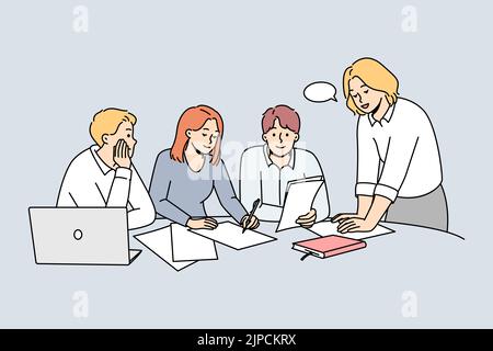 Diverse businesspeople sit at desk in office discuss paperwork at meeting together. Employees brainstorm engaged in teamwork at workplace. Vector illustration.  Stock Vector