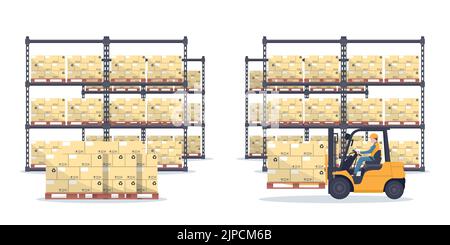 Rack with pallet with boxes for the storage of products in an industrial warehouse. Worker driving forklift loading pallets. Industrial storage and di Stock Vector