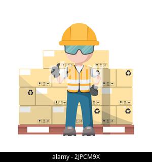Industrial warehouse operator with boxes stacked on a pallet for storage. Industrial storage and distribution of products Stock Vector