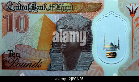 Large fragment of the reverse side of the new first Egyptian 10 LE EGP ten pounds plastic polymer banknote features a statue of Ancient Egyptian queen Stock Photo