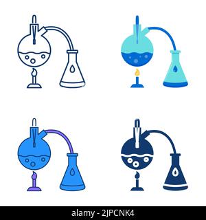 Distillation process icon set in flat and line style. Chemical experiment in laboratory. Vector illustration. Stock Vector