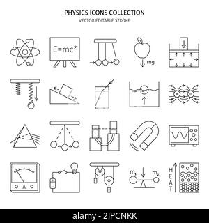 Physics science icon set in line style. Physical laws and symbols. Vector illustration with editable stroke. Stock Vector