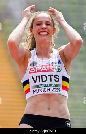 Belgian Noor Vidts reacts during the high jump event of the women's ...