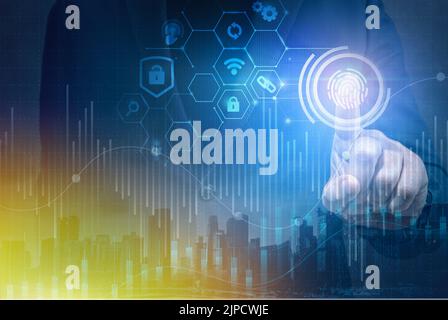 digital security. man gains access to personal information of holograms with fingerprint identification. Modern technologies, cloud data storage. Busi Stock Photo