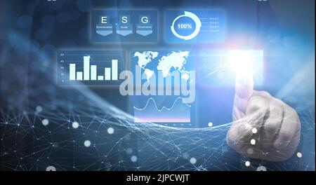 Futuristic monitor with information data. virtual dashboard technology digital marketing and global economy. Man using modern technology for business Stock Photo