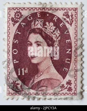 Pre-decimal ER eleven pence postage stamp, UK. Stock Photo