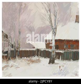 Original digital painting of a winter landscape in the style of rusian impressionist  - vector illustration (Ideal for printing on fabric or paper, po Stock Vector