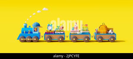 Back to school concept on yellow background. Blue train and wooden wagons filled with school supplies 3D Render 3D Illustration Stock Photo