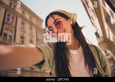 Photo of cheerful positive pretty person male selfie toothy smile sunny warm weather outside Stock Photo