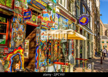 Amsterdam, Netherlands. August 2022. The colored facade of a coffee shop ion Amsterdam. High quality photo Stock Photo
