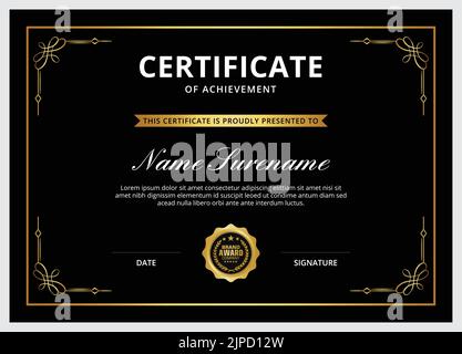 Certificate of appreciation template, gold and black color clean modern certificate with gold badge. Certificate border template with luxury Stock Vector