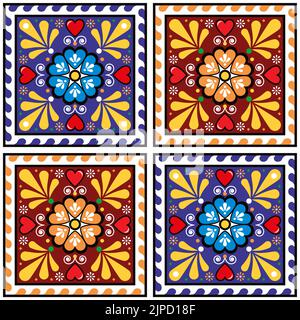 Mexican talavera cermic tiles style vector seamless pattern with floral and geometric motif, retro background inspired by folk art from Mexico Stock Vector