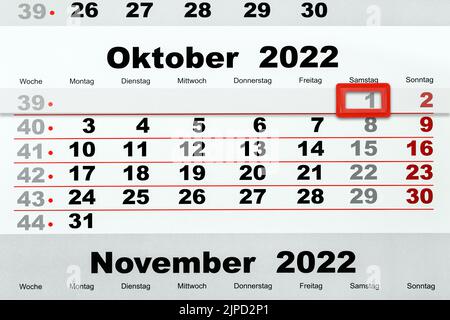 Deutscher Kalender Datum 1. Oktober 2022 Samstag Stock Photo - Alamy