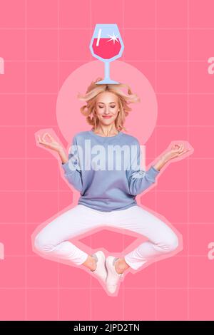 Photo sketch graphics artwork picture of funny funky lady practicing yoga wineglass standing head isolated drawing background Stock Photo