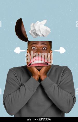 Vertical collage portrait of impressed stressed guy hands touch cheeks open top head crumpled paper upside down mouth isolated on creative background Stock Photo