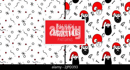 Merry Christmas set of seamless pattern with head elf and Santa Claus. The xmas black and red vector illustration in doodle art style. Trendy hand Stock Vector