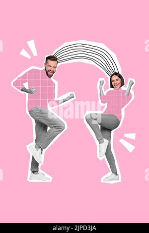 Vertical collage image of two astonished overjoyed people raise fists accomplishment isolated on pink drawing background Stock Photo