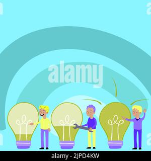 Three Person Fixing Electric Bulbs With Wrenches Stock Vector