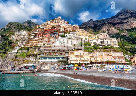 Positano, Italy - September 18, 2009: Panoramic view of Positano hill in a sunny day. It is a small town and comune on the Amalfi Coast Stock Photo