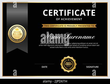 Certificate of appreciation template, gold and black color clean modern certificate with gold badge. Certificate border template with luxury Stock Vector