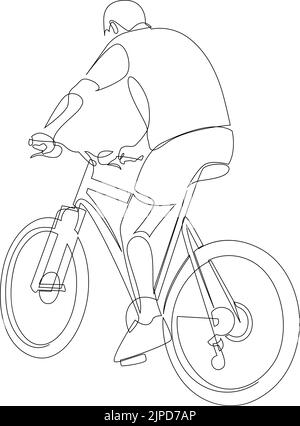 Single continuous line drawing cyclists walking down forest road with ...