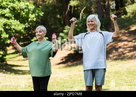 cheerful senior couple in sportswear exercising with dumbbells in green park Stock Photo