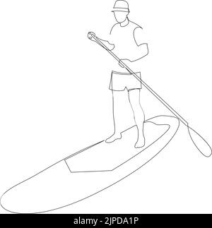 Continuous line man standing on paddle board. Vector illustration Stock Vector