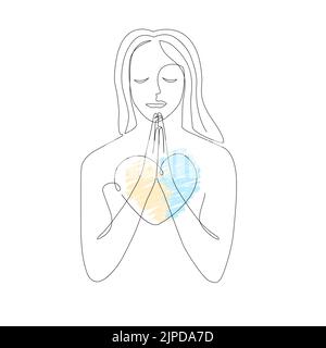 Praying woman with heart of Ukrainian flag colors. Continuous line drawing of prayer, vector illustration. Stay with Ukraine concept Stock Vector