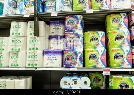 Epsom Surrey, August 14 2022, Packs Of Kitchen Or Household Paper Towel On Supermarket Shelf Stock Photo