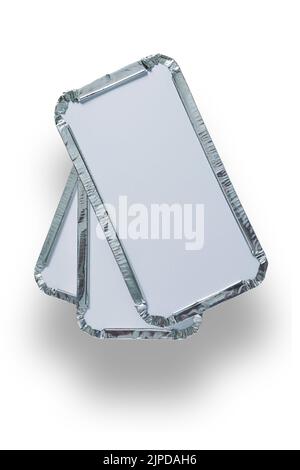 Pile of three silver foil takeaway trays shot from above isolated on white with path cut out Stock Photo