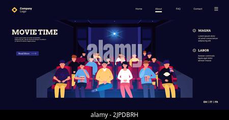 People in cinema landing. Web page template of cartoon graphic with people watching movie in dark cinema room. Vector starting page illustration of Stock Vector