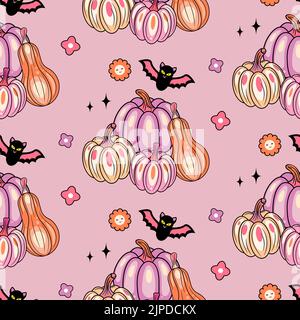 Halloween pumpkins orange and pink seamless pattern background with flowers and bats Stock Vector