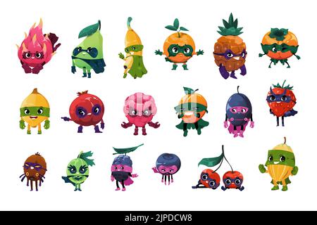 Superhero fruits. Funny fresh superfood in masks and cape, funny cartoon organic food in colorful hero costume. Vector cute clipart collection Stock Vector