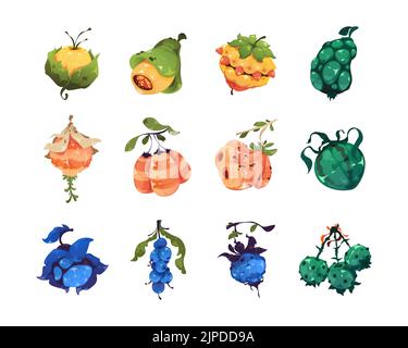 Fantasy fruits asset. Cartoon 2D sprite of colorful magic berries for video game and gambling slot machine, fancy bubble plants. Vector isolated set Stock Vector
