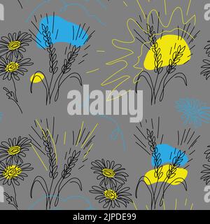 Wheat spikelet vector pattern on grey background. One continuous line art drawing. Blue and yellow colors of Ukrainian flag Stock Vector