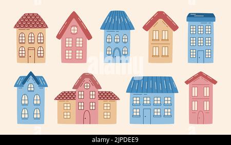 Collection of various minimalist doodle houses. Hand drawn cute city buildings. vector illustration. Stock Vector