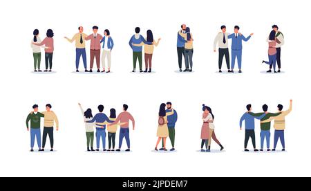 Friends hugging behind. Young persons friendship and coworkers collaboration concept, teamwork friends and coworker friendly hug. Vector isolated set Stock Vector