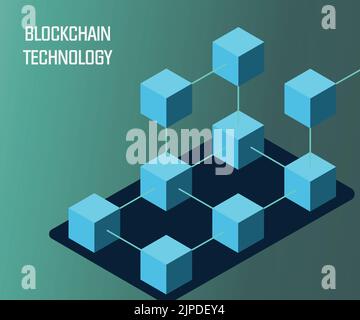 Blockchain Technology Isometric flat vector illustration concept. Hi tech Block chain data structure visualization. Stock Vector