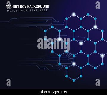 geometric hexagon connecting lines and dots blue background with circuit board Stock Vector