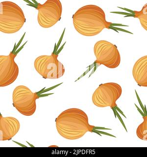Seamless pattern with bitter golden onion on white background. Summer farm vegitables. Natural fresh bright bunch of onion. Vector illustration for Stock Vector