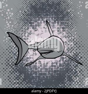 Shark illustration on deep halftone background. Cartoon vector drawing illustration. Stock Vector