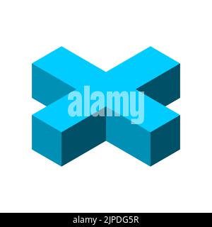 Blue 3D X sign. Geometric cross shape. Isometric multiplication time symbol. Letter X solid object. Religious cross laying on the surface. Vector Stock Vector
