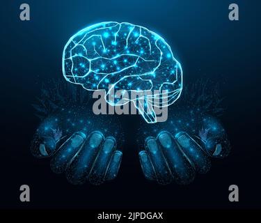 Two human hands are holds human brain. Support healthy brain concept. Wireframe glowing low poly design on dark blue background. Abstract futuristic Stock Vector