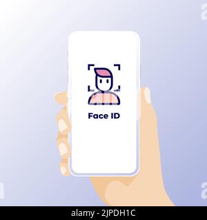 Facial recognition concept. Face ID, face recognition system. Hand holding smartphone with human head and scanning app on screen. Modern application. Stock Vector