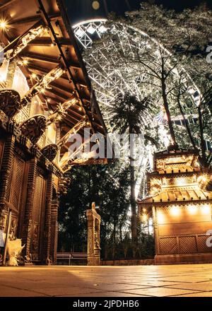 A vertical shot of the Buddhist Temple at night in Southbank, Brisbane, Australia Stock Photo